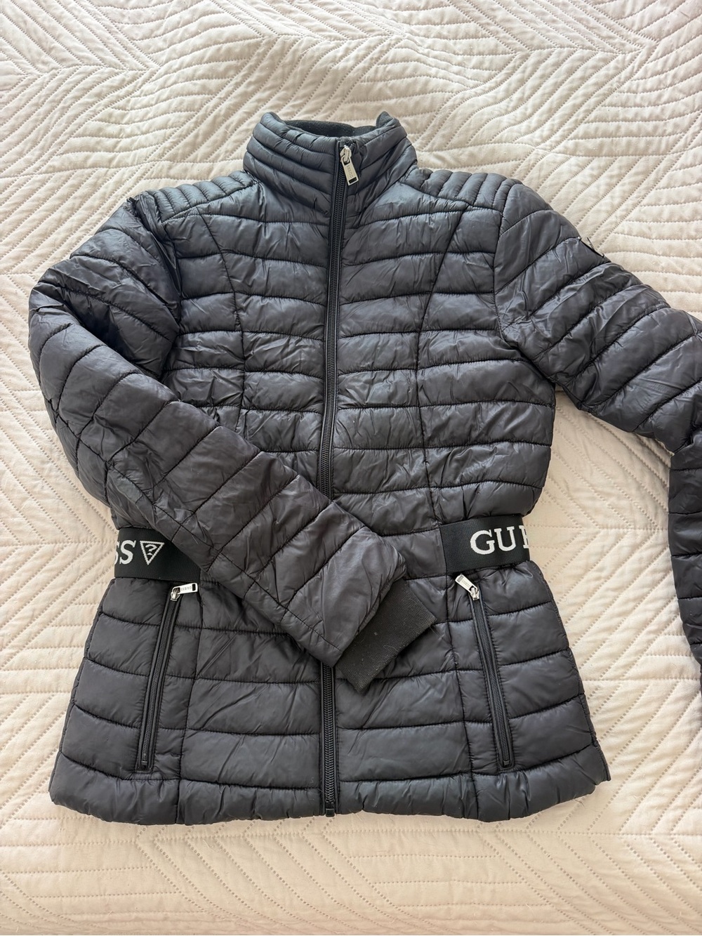 Guess Black Quilted Puffer Jacket with Logo Waistband